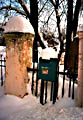 Snow scene with mailbox at the entrance of Sukhanovo, the former estate of the Volkhonsky Princes. 